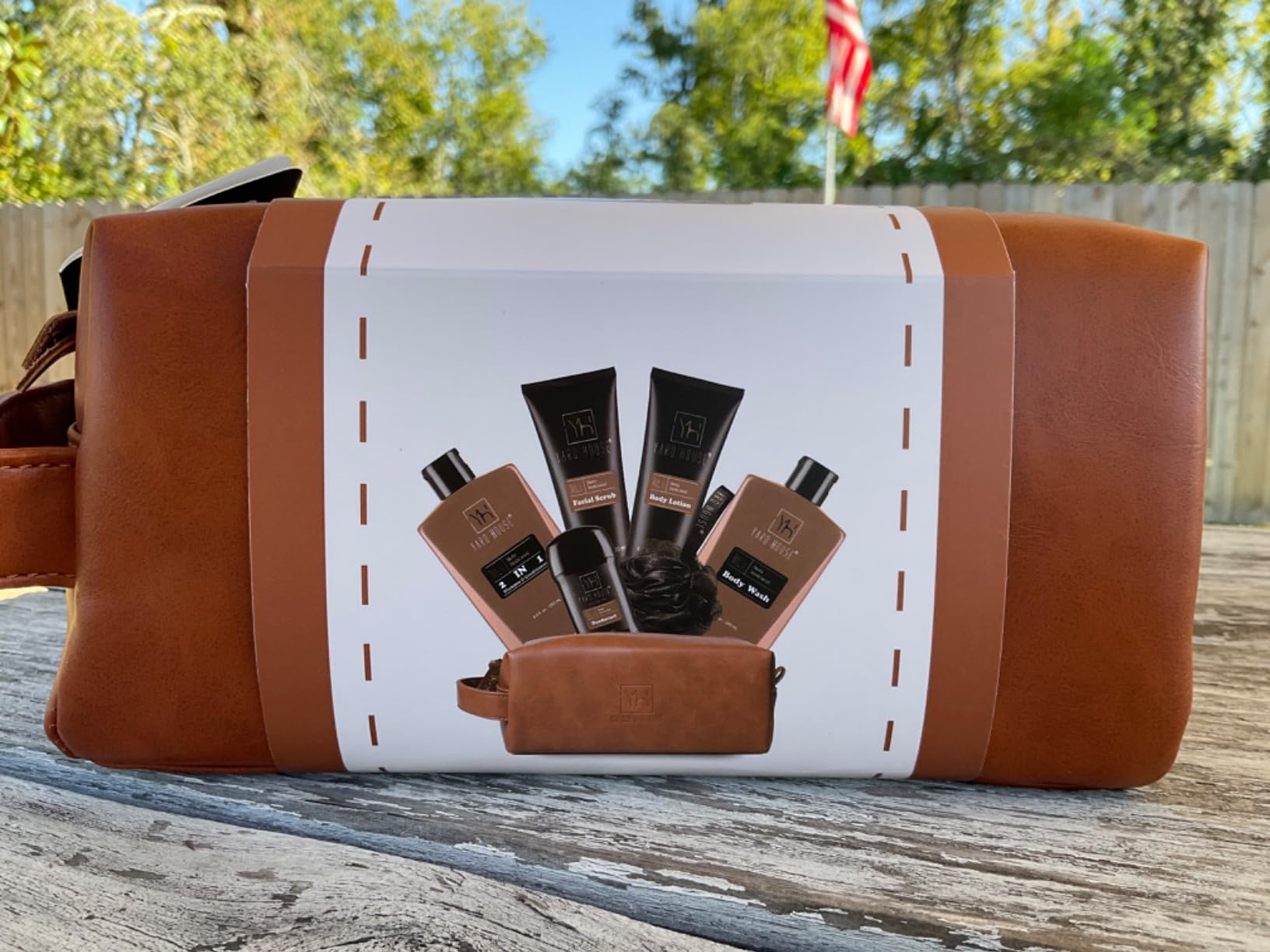 Luxury Mens Bath and Body Gift Set Basket For Him - Smoky Sandalwood - All Natural Skin Care Kit For Men w. Full Size Body Wash, Facial Scrub, Body Lotion, Deodorant in Leather Toiletry Bag - Customer Photo 1